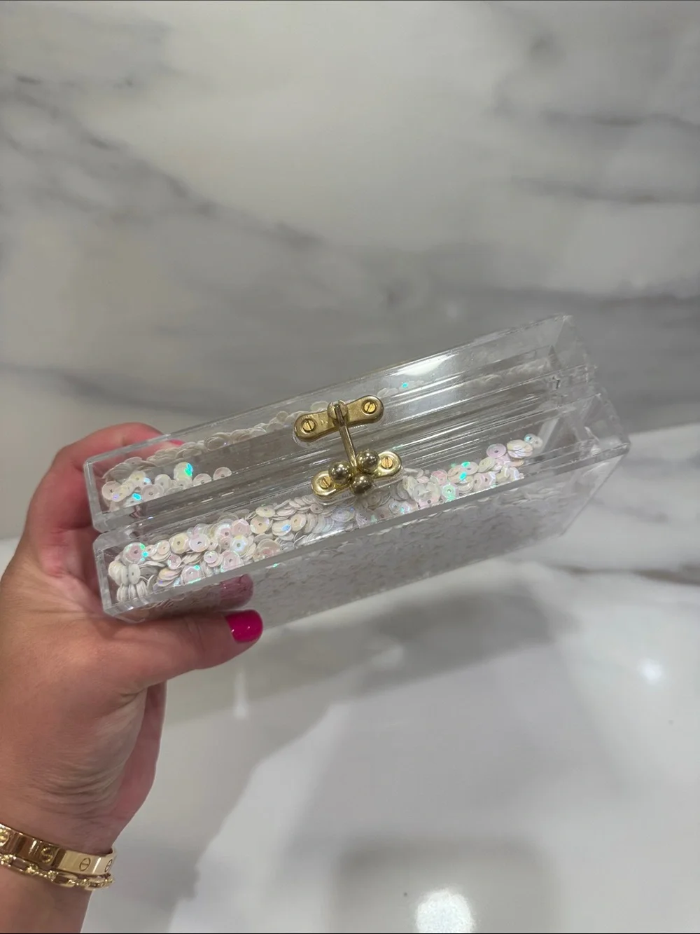 Iridescent Sequin Acrylic Clutch Bag - White
